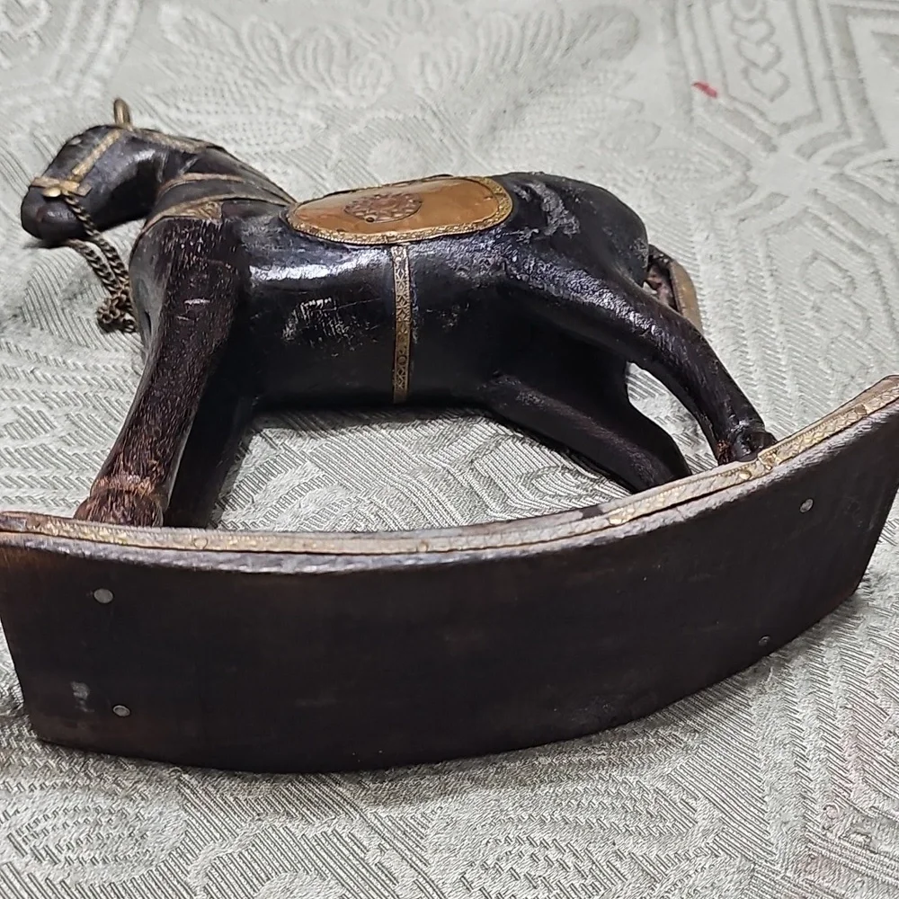 Vintage Carved Wooden Hammered Brass Rocking Horse Decor - Picture 12 of 12